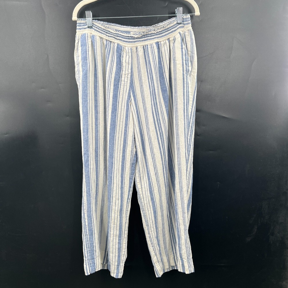 Blue & White Stripped Linen blend casual coastal relaxed Pants beach summer ‎ XL